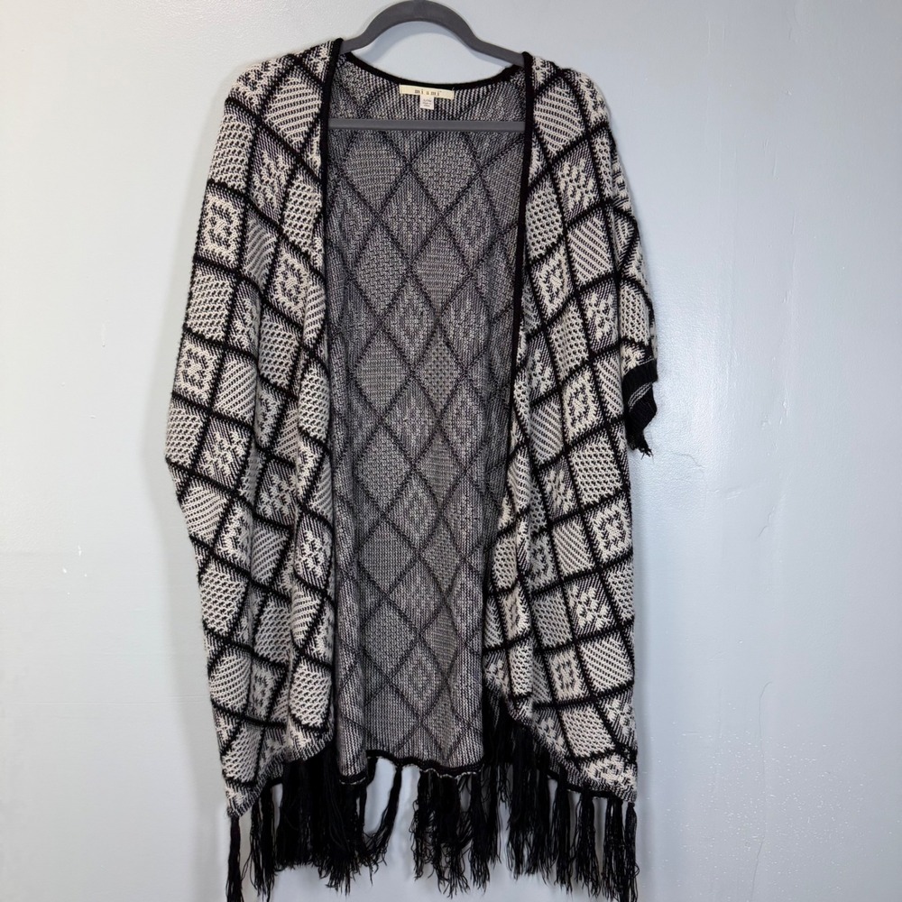 mi ami Black White Diamond‎ Knit Fringe Cardigan Poncho Wrap GK459 SM